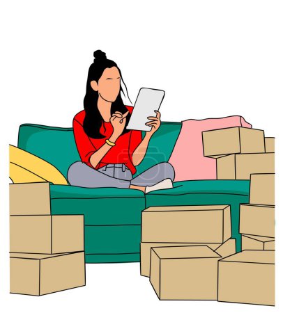 Illustration for Young woman small business owner sitting on the sofa with digital tablet and a lot of boxes. Packaging purchase orders. Ecommerce, digital business, online retail store concept. Vector colored drawing - Royalty Free Image
