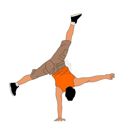 Illustration for Young man is doing a one arm stand on a white background. Cool Guy is wearing a modern street fashion summer clothes. Breakdance dancer teenager. Vector illustration isolated on white background. - Royalty Free Image