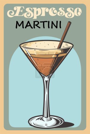 Espresso Martini Cocktail retro poster. Beliebtes Alkoholgetränk Vintage Mid Century moderne Wandkunst. Bunte, flache Vektorillustration für Barwagen, Kneipe, Restaurant, Küche.