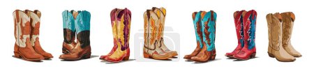 Grande collection de différentes bottes de cowgirl. Bottes de cow-boy occidentales traditionnelles décorées avec ornement ouest sauvage brodé. Illustrations d'art vectoriel aquarelle isolées sur fond blanc.