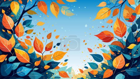 A colorful leafy background with a blue sky. The leaves are orange and yellow. The background is blurry and has a dreamy, ethereal quality. Vector colorful illustration for banner, cover.