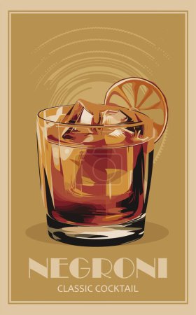 Negroni Cocktail retro poster. Popular alcohol drink. Vintage flat vector illustration for bar, pub, restaurant, kitchen wall art print.