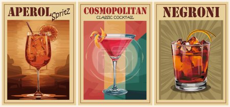Cocktails retro poster set. Aperol Spritz, Negroni, Cosmopolitan. Collection of popular alcohol drinks. Vintage flat vector illustrations for bar, pub, restaurant, kitchen wall art print.