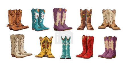 Collection of different cowgirl boots. Traditional western cowboy boots decorated with embroidered wild west ornament. Realistic vector art illustrations isolated on white background.