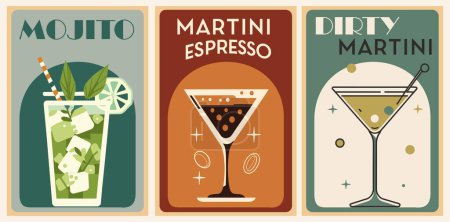 Cocktails retro poster set. Mojito, Espresso Martini, Dirty Martini. Collection of popular alcohol drinks. Vintage vector illustrations for bar, pub, restaurant, kitchen wall art print.