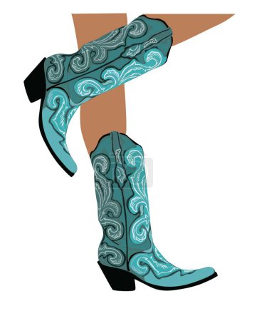 Female legs wearing fashionable turquoise cowgirl boots. Traditional western cowboy boots decorated with embroidered wild west ornament. Vector illustration isolated on transparent background.