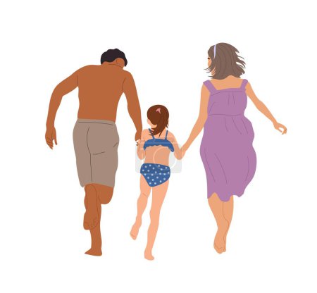 Familie mit Mutter, Vater und Tochter spazieren, laufen in Sommerkleidung am Strand. Sommerferien, Ferienkonzept. Vektor bunte Illustration isoliert auf transparentem Hintergrund.