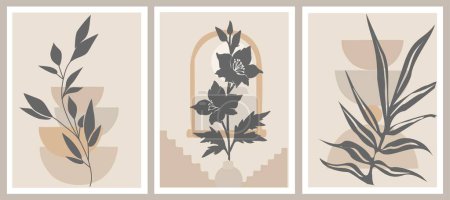 Set von Boho ästhetischen abstrakten botanischen Wandkunst mit Lerchenspornblüten, tropischen Blättern Silhouetten. Trendige Poster für skandinavische, japanische Innenräume. Moderne Vektor-Illustrationen Mitte des Jahrhunderts.