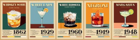 Cocktails retro poster set. White Russian, Margarita, Negroni, Whiskey Sour. Collection of popular alcohol drinks. Vintage flat vector illustrations for bar, pub, restaurant, kitchen wall art print.