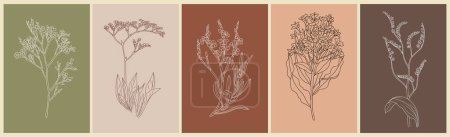 Limonium flowers set. Outlined Statice floral plants with blooms. Vintage botanical drawing of Sea-Lavender. Blossomed Caspia. Hand-drawn vector illustrations wall art with earth tone backgrounds.