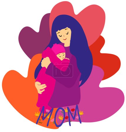 Mother holding her newborn baby. Happy Mothers Day card. Vector illustration