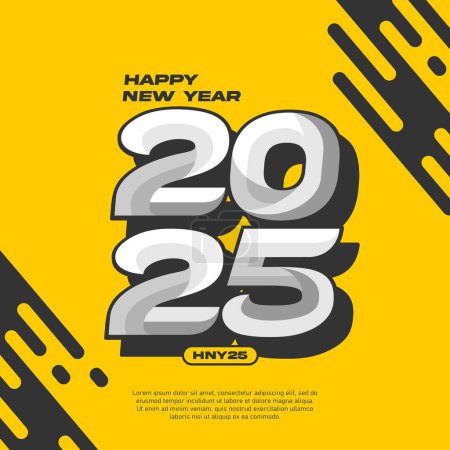 Happy new year 2025 square template with line number style on yellow background