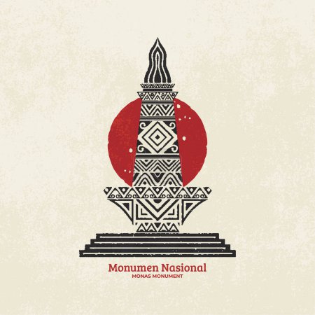 Indonesian national monument illustration icon design in Hand Drawn vintage grunge geometric.