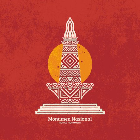 Indonesian national monument illustration icon design in Hand Drawn vintage grunge geometric.