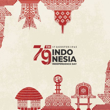 Poster celebrating Indonesia's independence on August 17 with illustrations of the Borobudur temple, national monument, Rumah Gadang, Equator Monument, Haanoi house, Bale Lumbung. flyer 79th anniversary of Indonesia's independence.