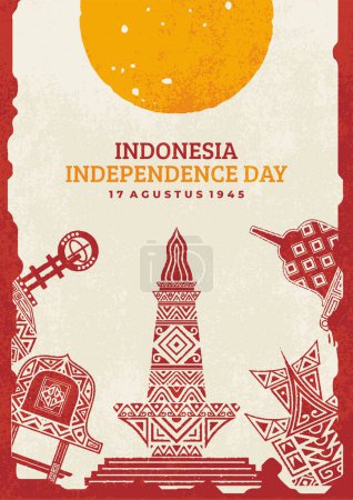 Plakat zur Feier der Unabhängigkeit Indonesiens am 17. August mit Abbildungen des Borobudur-Tempels, Nationaldenkmals, Rumah Gadang, Äquator-Denkmal, Haanoi-Haus, Bale Lumbung. 79. Jahrestag der Unabhängigkeit Indonesiens.