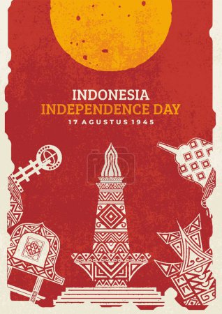 Plakat zur Feier der Unabhängigkeit Indonesiens am 17. August mit Abbildungen des Borobudur-Tempels, Nationaldenkmals, Rumah Gadang, Äquator-Denkmal, Haanoi-Haus, Bale Lumbung. 79. Jahrestag der Unabhängigkeit Indonesiens.