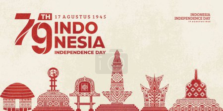 Cartel que celebra la independencia de Indonesia el 17 de agosto con ilustraciones del templo de Borobudur, monumento nacional, Rumah Gadang, Monumento al Ecuador, casa Haanoi, Bale Lumbung. volante 79º aniversario de la independencia de Indonesia.