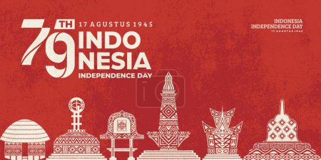 Poster celebrating Indonesia's independence on August 17 with illustrations of the Borobudur temple, national monument, Rumah Gadang, Equator Monument, Haanoi house, Bale Lumbung. flyer 79th anniversary of Indonesia's independence.