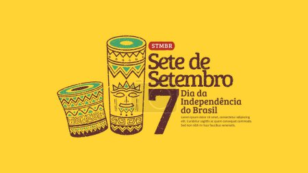 Jour de l'indépendance du Brésil 7 de setembro avec des illustrations de guitares dessinées à la main et de tambours à main brésiliens. Grunge tendance timbre brésilien indépendance jour bannière.