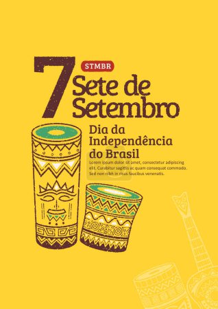 Día de independencia de Brasil 7 de setembro con ilustraciones de guitarras hechas a mano y tambores de mano brasileños. Afiche del día de la independencia de Brasil sello grunge de moda.