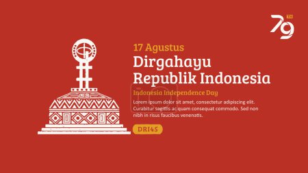 Banner zum Unabhängigkeitstag Indonesiens. Handgezeichnetes Äquator-Denkmal mit trendiger Briefmarke. 17 Agustus-Feier