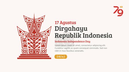 Banner zum Unabhängigkeitstag Indonesiens. Handgezeichnetes Gadang traditionelles Haus mit trendiger Briefmarke. 17 Agustus-Feier