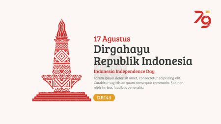 Banner zum Unabhängigkeitstag Indonesiens. Handgezeichnetes Nationaldenkmal mit trendiger Briefmarke. 17 Agustus-Feier
