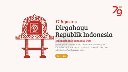 Indonésie Independence Day Banner. Maison traditionnelle Lombok dessinée à la main avec timbre à la mode. 17 Agustus Célébration