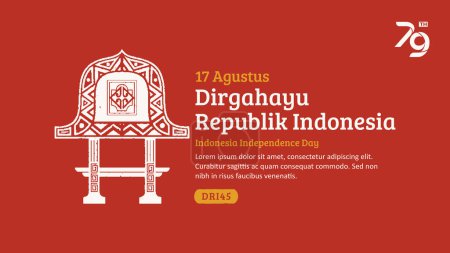 Banner zum Unabhängigkeitstag Indonesiens. Handgezeichnetes Lombok traditionelles Haus mit trendiger Briefmarke. 17 Agustus-Feier