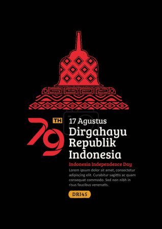Plakat zum Unabhängigkeitstag Indonesiens. Handgezeichneter Borobudur-Tempel mit trendiger Briefmarke. 17 Agustus-Feier