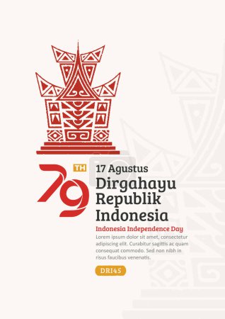 Plakat zum Unabhängigkeitstag Indonesiens. Handgezeichnetes Gadang traditionelles Haus mit trendiger Briefmarke. 17 Agustus-Feier