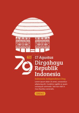 Plakat zum Unabhängigkeitstag Indonesiens. Handgezeichnetes traditionelles Honai-Haus mit trendiger Briefmarke. 17 Agustus-Feier