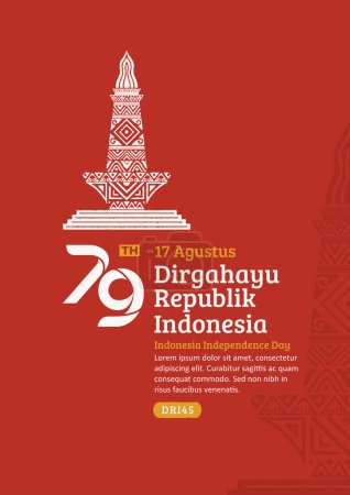 Plakat zum Unabhängigkeitstag Indonesiens. Handgezeichnetes Nationaldenkmal mit trendiger Briefmarke. 17 Agustus-Feier