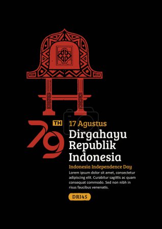 Plakat zum Unabhängigkeitstag Indonesiens. Handgezeichnetes Lombok traditionelles Haus mit trendiger Briefmarke. 17 Agustus-Feier