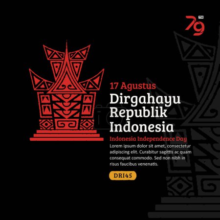 Indonesien Unabhängigkeitstag Social Media Post, handgezeichnetes Gadang traditionelles Haus mit trendiger Briefmarke, 17 Agustus Feier