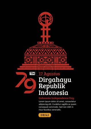 Plakat zum Unabhängigkeitstag Indonesiens. Handgezeichnetes Äquator-Denkmal mit trendiger Briefmarke. 17 Agustus-Feier