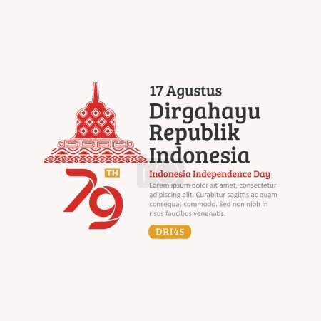 Indonesischer Unabhängigkeitstag Social Media Post, handgezeichneter Borobudur-Tempel mit trendiger Briefmarke, 17. Agustus-Feier