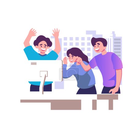 Illustration for Happy business team, colleagues rejoicing success, achievement, victory, progress at work together. Good successful teamwork concept. Flat graphic vector illustration isolated on white background - Royalty Free Image