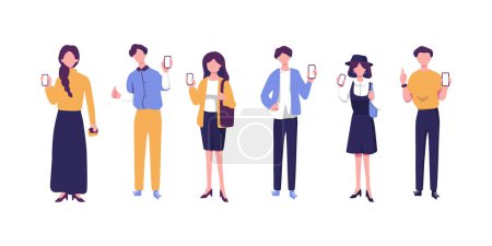 Téléchargez les illustrations : People holding smartphone displays with apps flat vector illustrations isolated on white background - en licence libre de droit