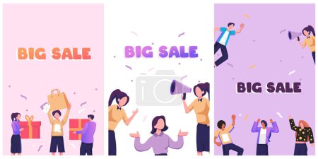 Illustration for Big sale banners designs. Ad backgrounds for shopping event promotion. Advertisement templates set with happy people announcing price off, discount with loudspeaker. Colored flat vector illustrations - Royalty Free Image