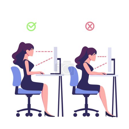 Illustration for Correct good position vs bad incorrect posture for sitting at computer desk flat style illustration - Royalty Free Image