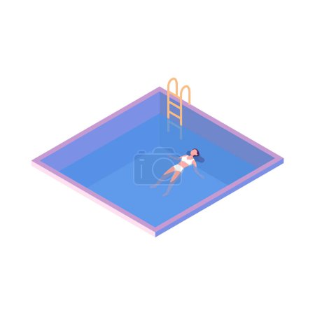 Téléchargez les illustrations : Heureuse femme calme flottant, couchée sur la surface de l'eau. vecteur d'illustration isométrique de style plat - en licence libre de droit