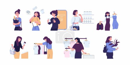 Illustration for People shoppers choosing goods in retail stores flat style illustration vector design - Royalty Free Image