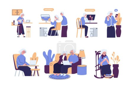 Ilustración de Personas mayores modernas usando internet, teléfonos móviles, computadoras. Hombres mayores, mujeres, pareja con smartphone, portátiles. Generación de ancianos en línea. Ilustración vectorial gráfica plana aislada sobre fondo blanco - Imagen libre de derechos