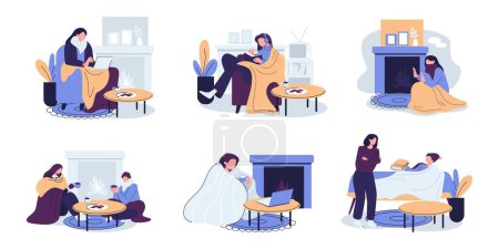 Gente congelándose, temblando de frío en casa conjunto plano vector ilustración diseño