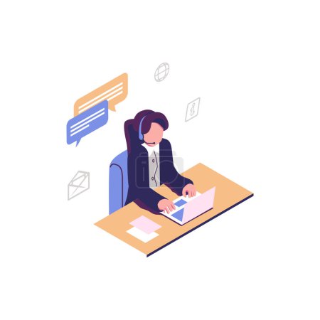 Illustration for Customer service, hotline operator advises customer, online global technical support 24/7, customer and operator vector - Royalty Free Image