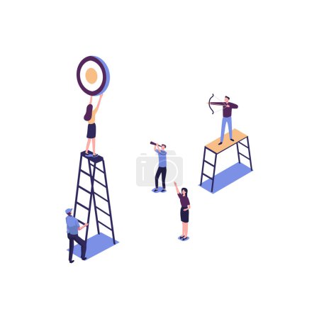 Illustration for Businessman archer aiming at a target, people run to their goal along the arrow to the cutter, raise motivation, the way to achieve the goal - Royalty Free Image
