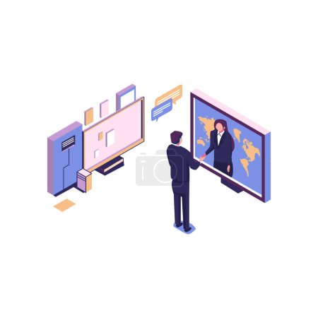 Illustration for Online conclusion of the transaction. the opening of a new startup. business handshake, via phone and laptop. vector illustration in a flat style investor holds money in ideas online vector - Royalty Free Image