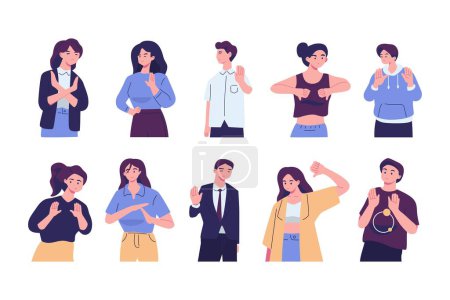 Illustration for Negative gestures flat vector illustrations set. Finger language, non verbal communication. People disagree and rejection signs isolated pack on white background. Sign language, emotions expression. - Royalty Free Image